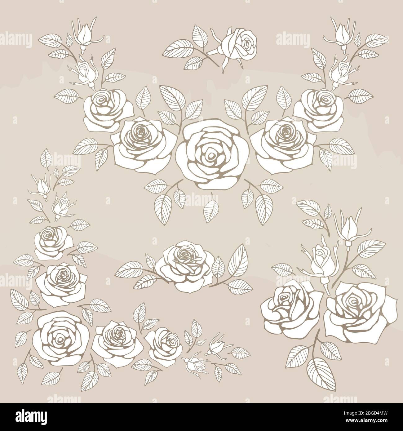 Romantischer Vintage-Strauß mit Rosen und Blättern. Vektorgrafik Stock Vektor