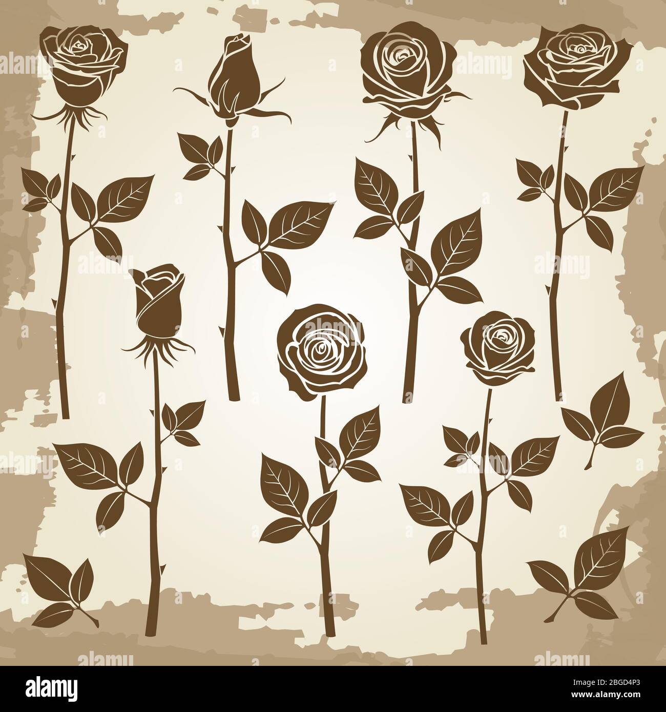 Vintage Grunge Rose Silhouetten von Set, Frühling Knospen Symbole. Vektorgrafik Stock Vektor
