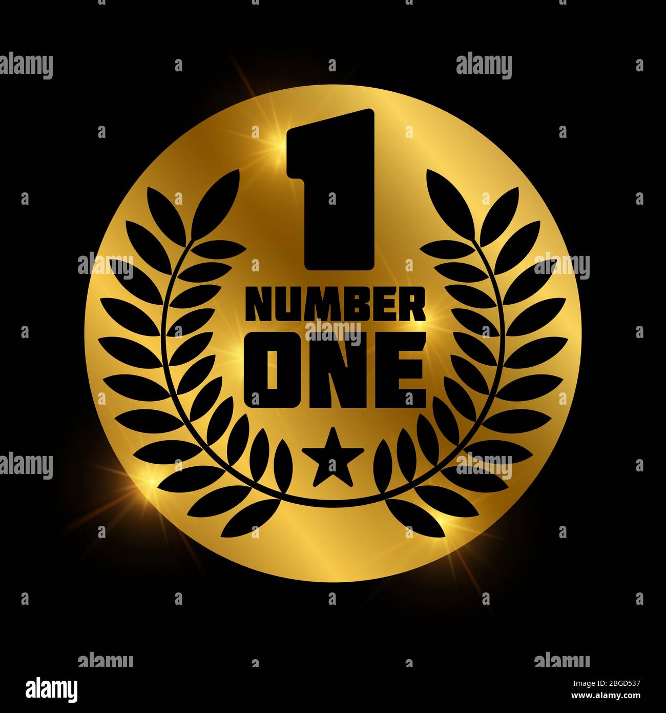 Nummer eins Retro-Label auf glänzendem goldenen Kreis. Etikett und Abzeichen Nummer 1, Vektorgrafik Stock Vektor