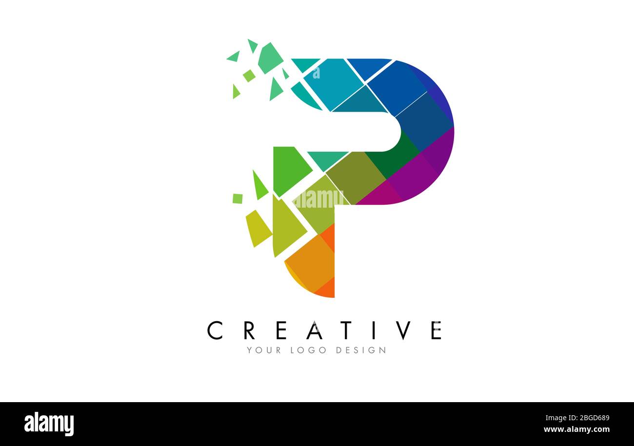 Buchstabe P Design mit Regenbogen zerschmetterte Blöcke Vektor Illustration. Pixelkunst des P-Buchstaben-Logos. Stock Vektor