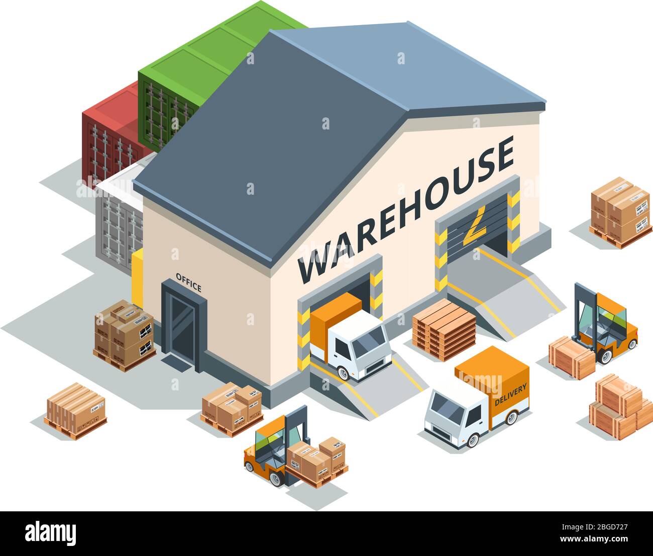 Lagergebäude, LKW und Lademaschinen. Verschiedene Paletten und Kartons. Vektorgrafiken für Logistik Stock Vektor