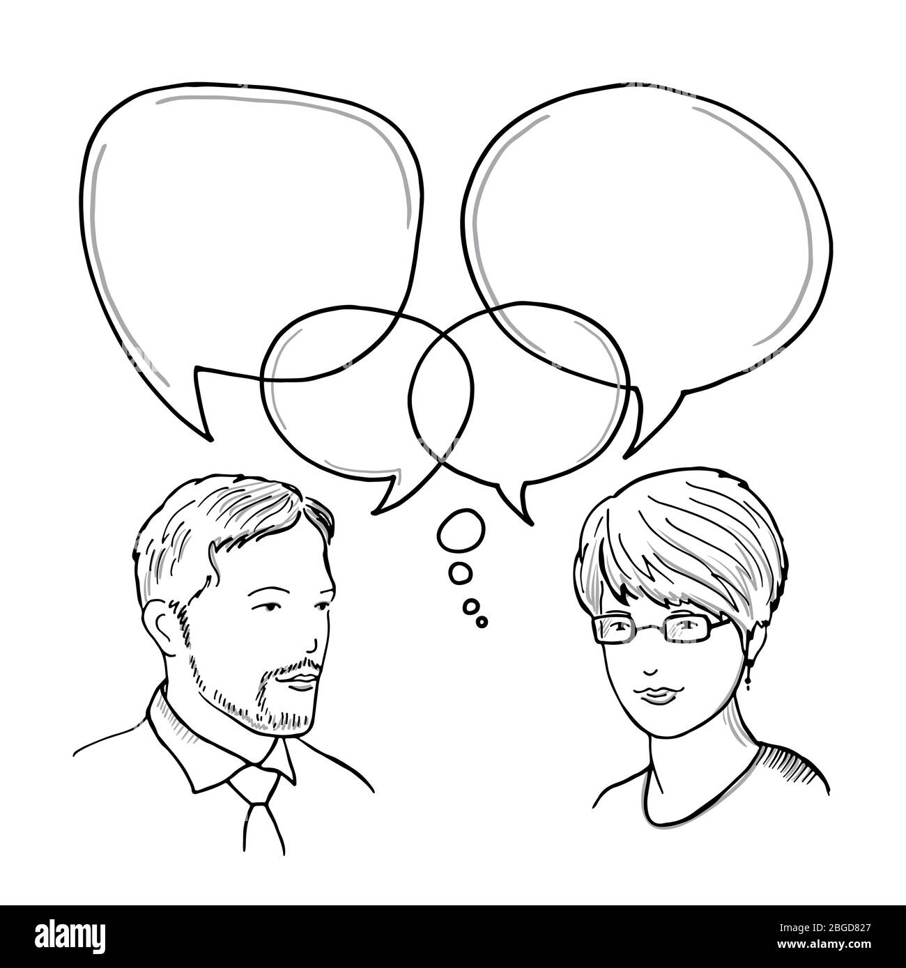 Handgezeichnete Illustration des Dialogs zwischen Mann und Frau. Vektorkonzept für die menschliche Geschäftskommunikation Stock Vektor