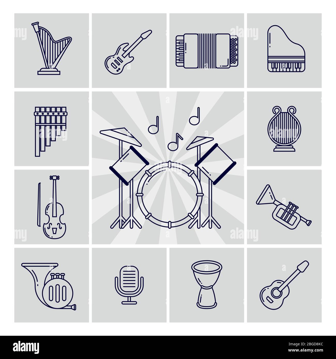Lineare Musikinstrumente Vektor-Icons auf grauen Illustration isoliert gesetzt Stock Vektor