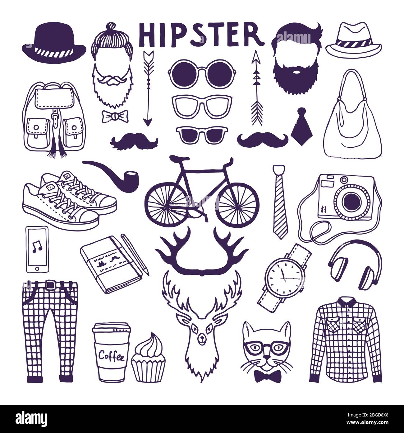 Handgezeichnetes Doodle-Set aus Hipster-Elementen. Vektorgrafiken Stock Vektor