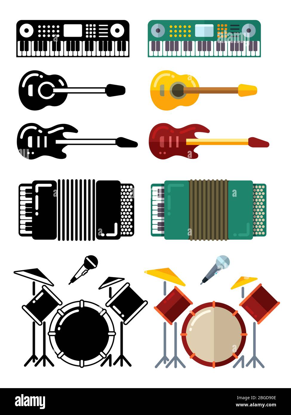 Musikinstrumente, flache Silhouetten Symbole isoliert auf weißem Hintergrund. Vektorgrafik Stock Vektor