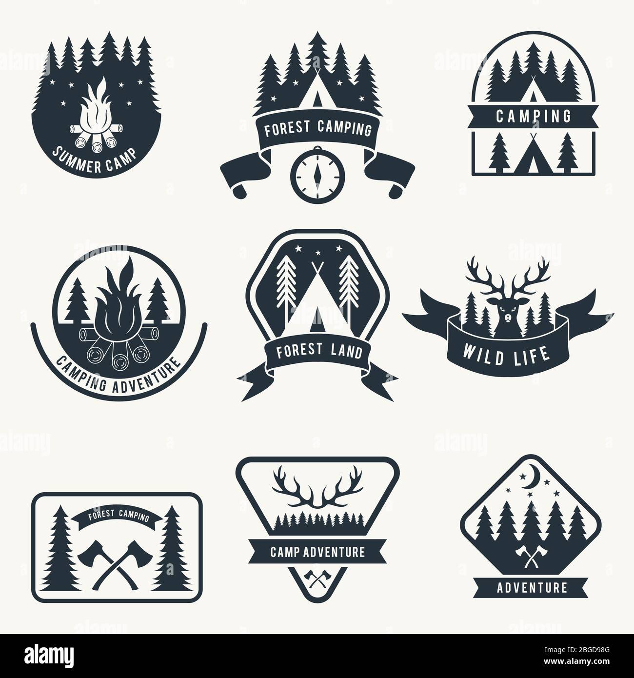 Abenteuer monochromen Abzeichen Set. Silhouette des Zeltes. Vektoretiketten für Camping Stock Vektor