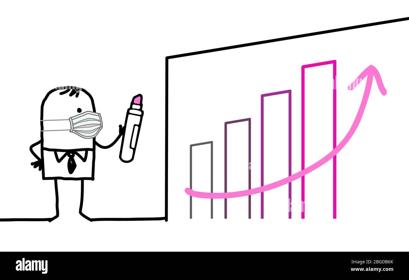 Handgezeichnet Cartoon Geschäftsmann mit Schutzmaske Zeichnung einer optimistischen rosa Karte an einer Wand Stock Vektor