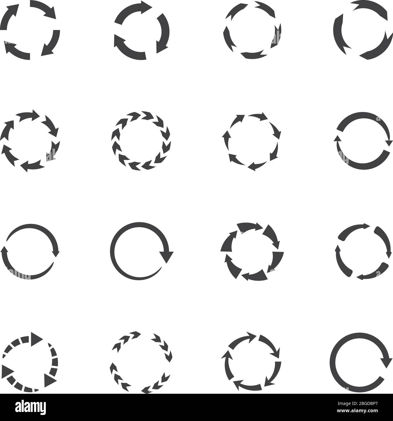Vektorsymbole mit rundem Bewegungspfeil. Symbole für Kreispfeile. Pfeil mit runder Bewegung, Recycling einfach und Kontinuität Abbildung Stock Vektor