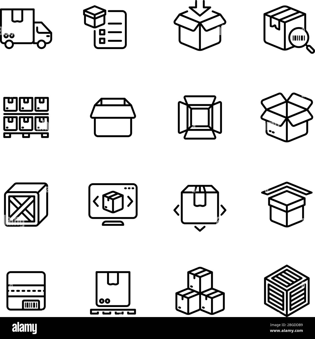 Symbole für Produktpackungen. Vektorsymbole für die Umrissdarstellung von Box Warehous Delivery Service Verpackung, dünne Linie linear und Umriss Box und Container Illustration Stock Vektor