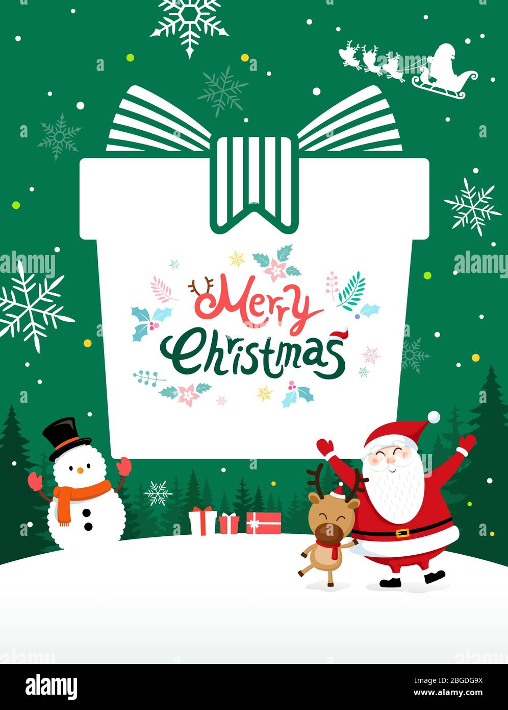 Weihnachtsmann mit Weihnachtsgeschenk Box Gruß. Winter Wald Hintergrund Stock Vektor