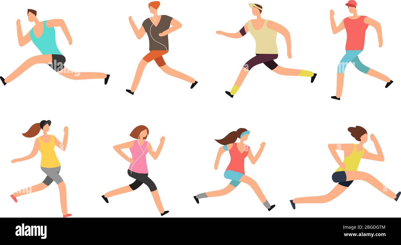 Sportler Mann und Frau laufen. Energetische Menschen Läufer in Sportswear Vektor-Set. Sportlerin Lauf und Fitness, Frau und Mann Läufer Illustration Stock Vektor