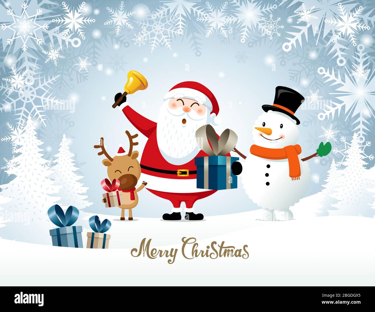 Frohe Weihnachten, Frohe Weihnachten Freunde. Weihnachtsmann, Schneemann, Rudolph, Geschenke, weißer Schnee Hintergrund. Stock Vektor