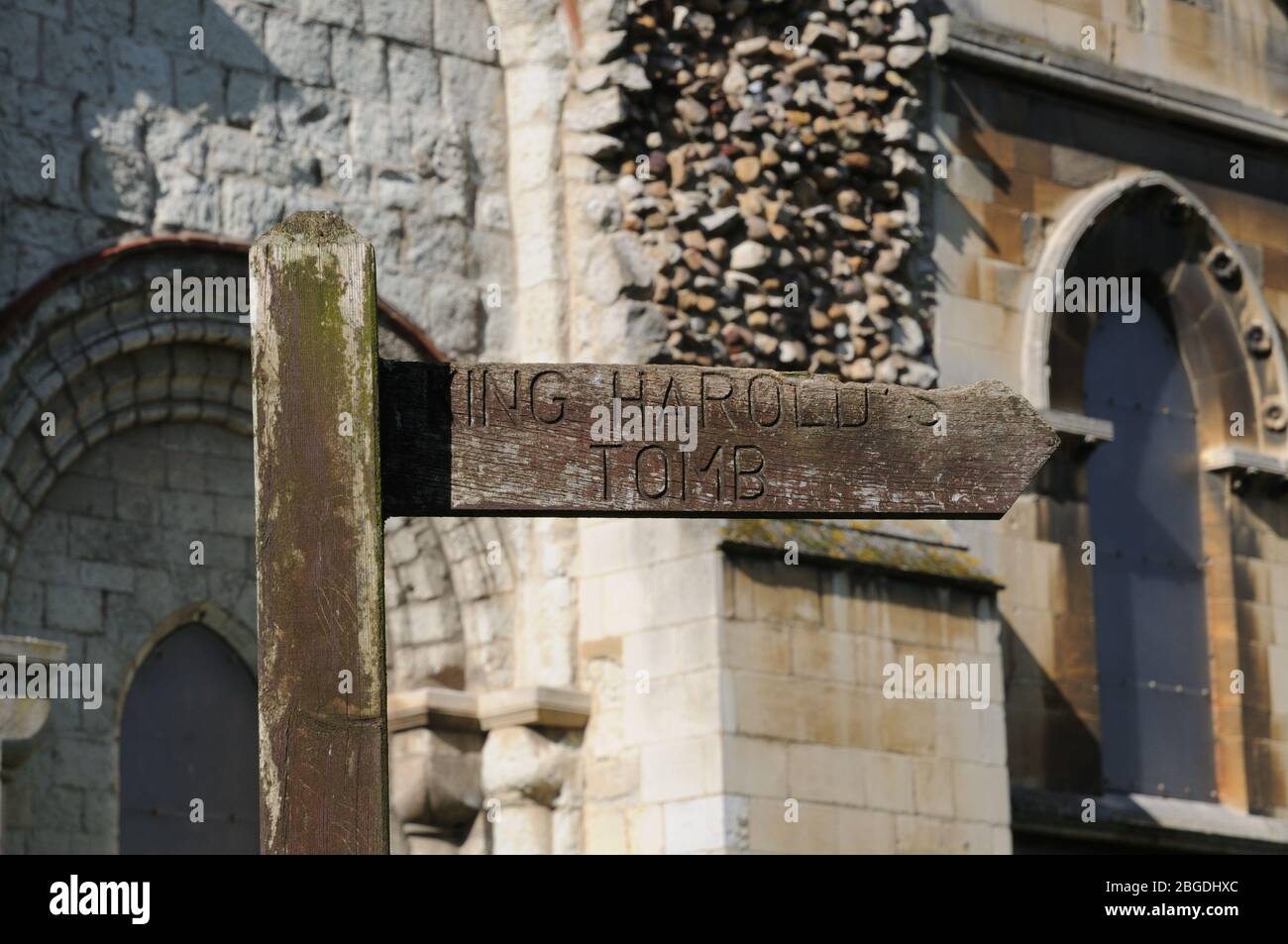 Hölzerner Schild Post zu König Harold's Grab, Waltham Abbey, Essex Stockfoto