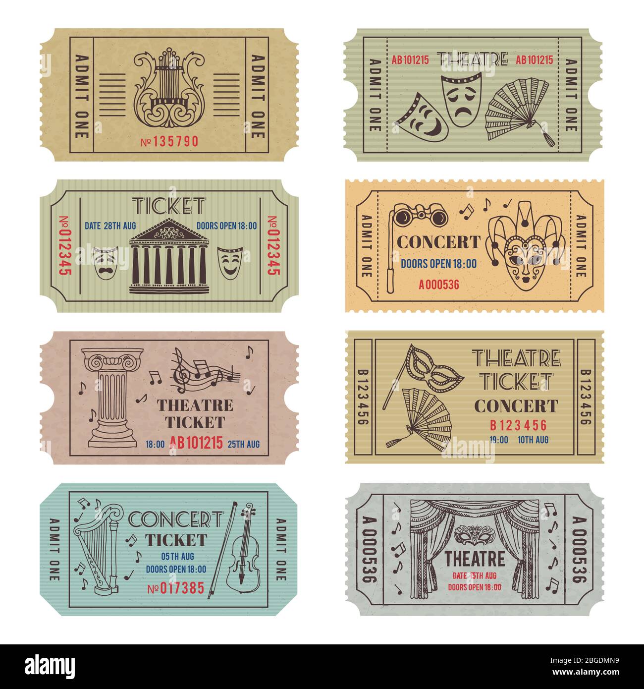 Vintage Theater oder Kino Tickets mit verschiedenen monochromen Symbolen von Ballett oder Oper Stock Vektor