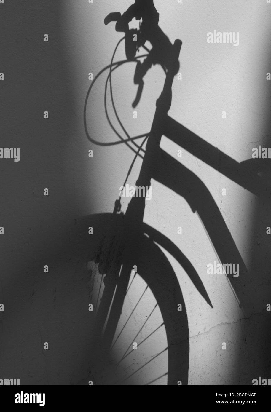 Schatten des Fahrrads gegen eine Ebene Wände mit Bremshebel, Bremszüge, Vorderrad und Teil des Rahmens in klarem Schatten Stockfoto