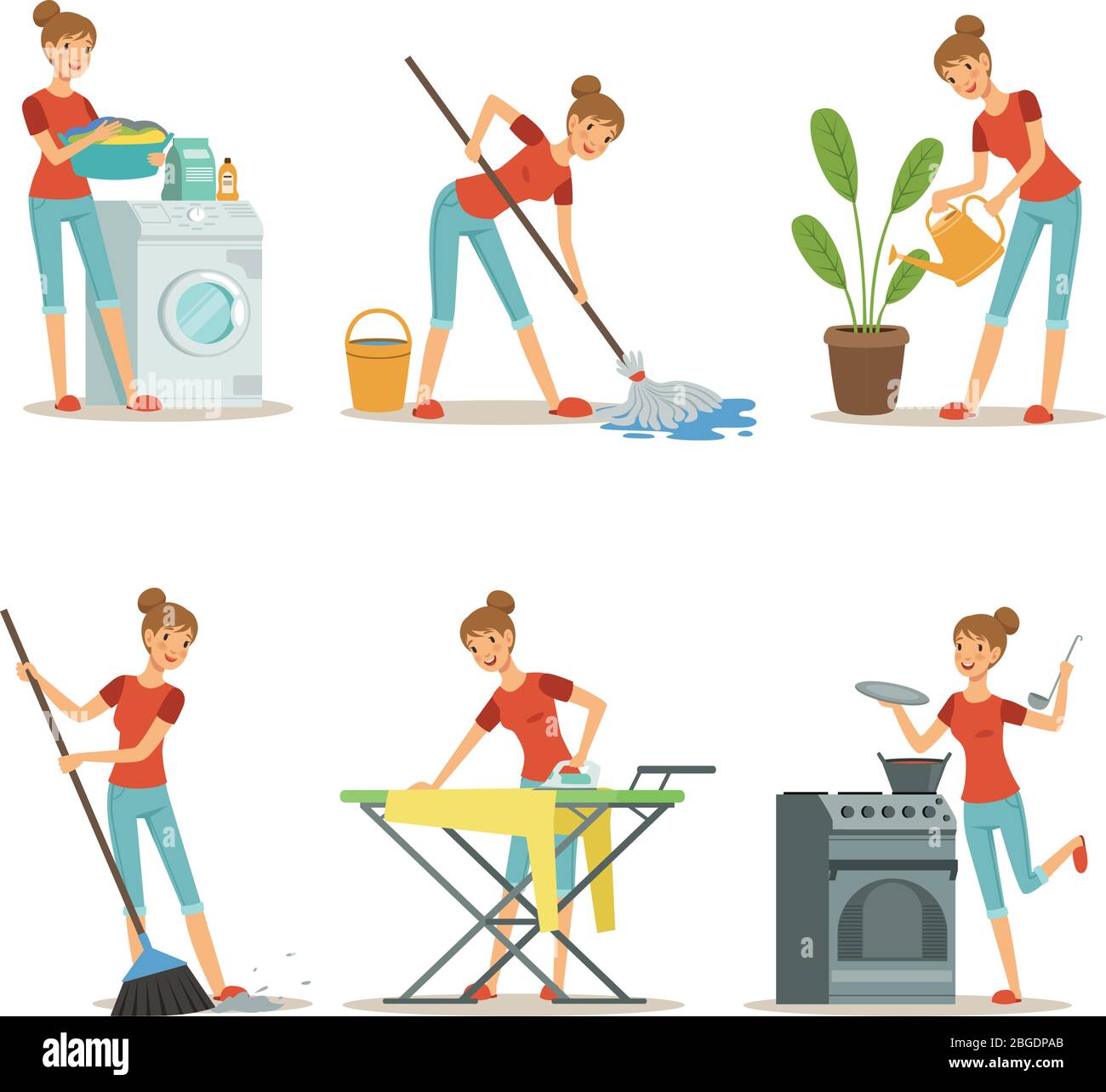 Hausfrau machen verschiedene Hausarbeiten. Mutterberuf. Vektor Cartoon Zeichen gesetzt Stock Vektor
