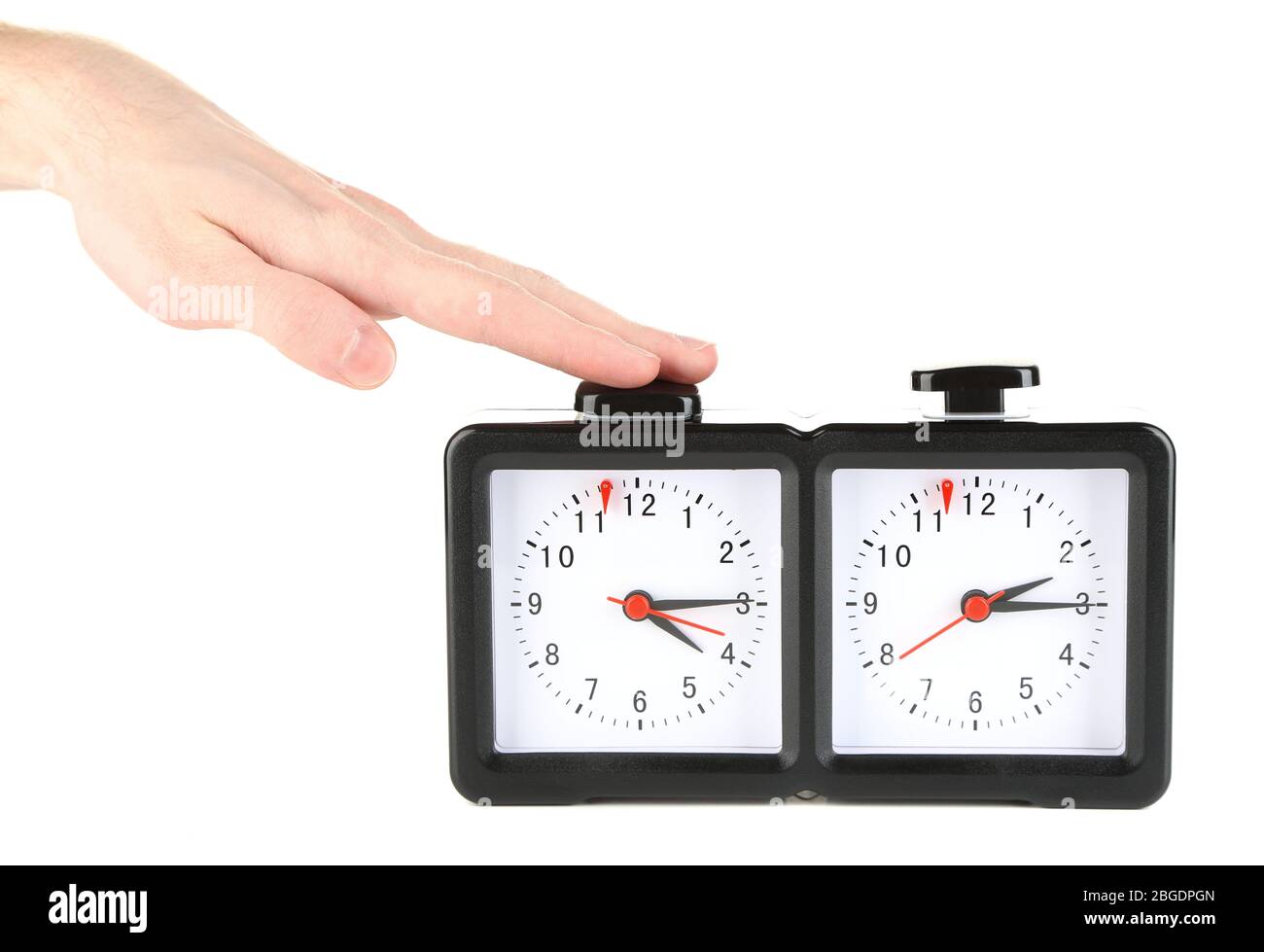 Hand schiebend Schachuhr, isoliert auf weiß Stockfoto