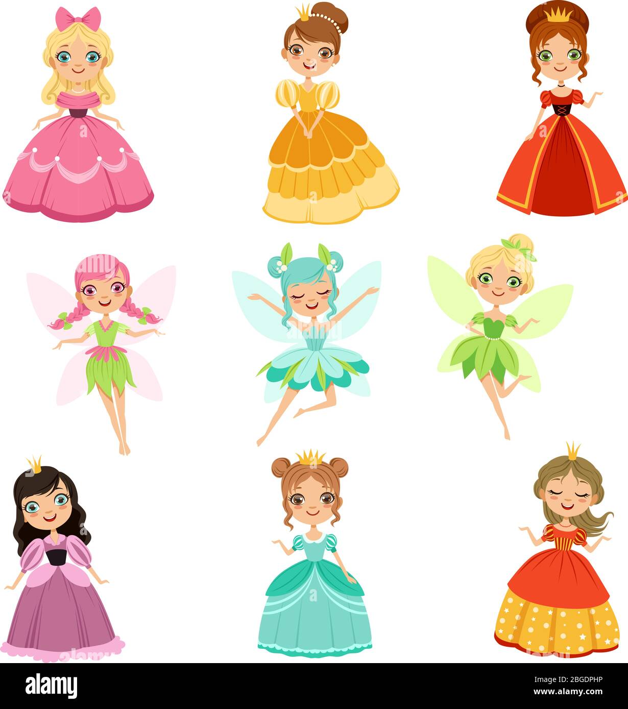 Cartoon lustige Fantasy Prinzessinnen in verschiedenen Kleidern und Kostümen. Märchen Vektor Illustration Set Stock Vektor