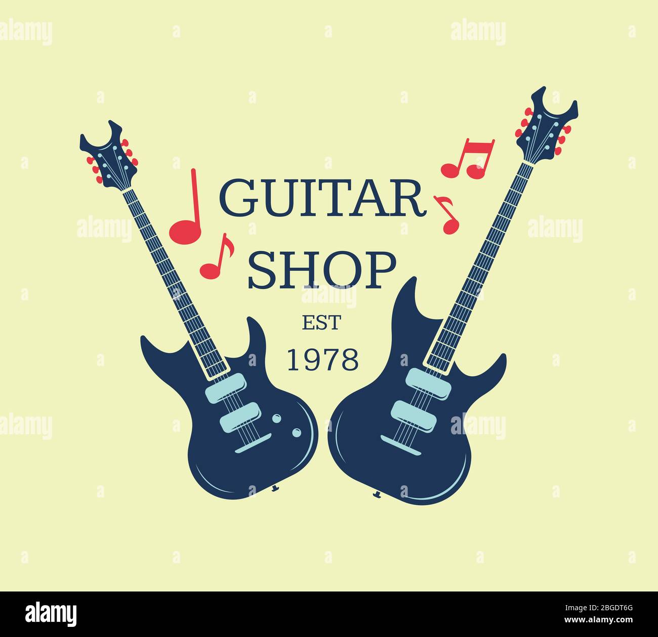 Vector Gitarrenshop Logo, Emblem mit musikalischen Noten Stock Vektor