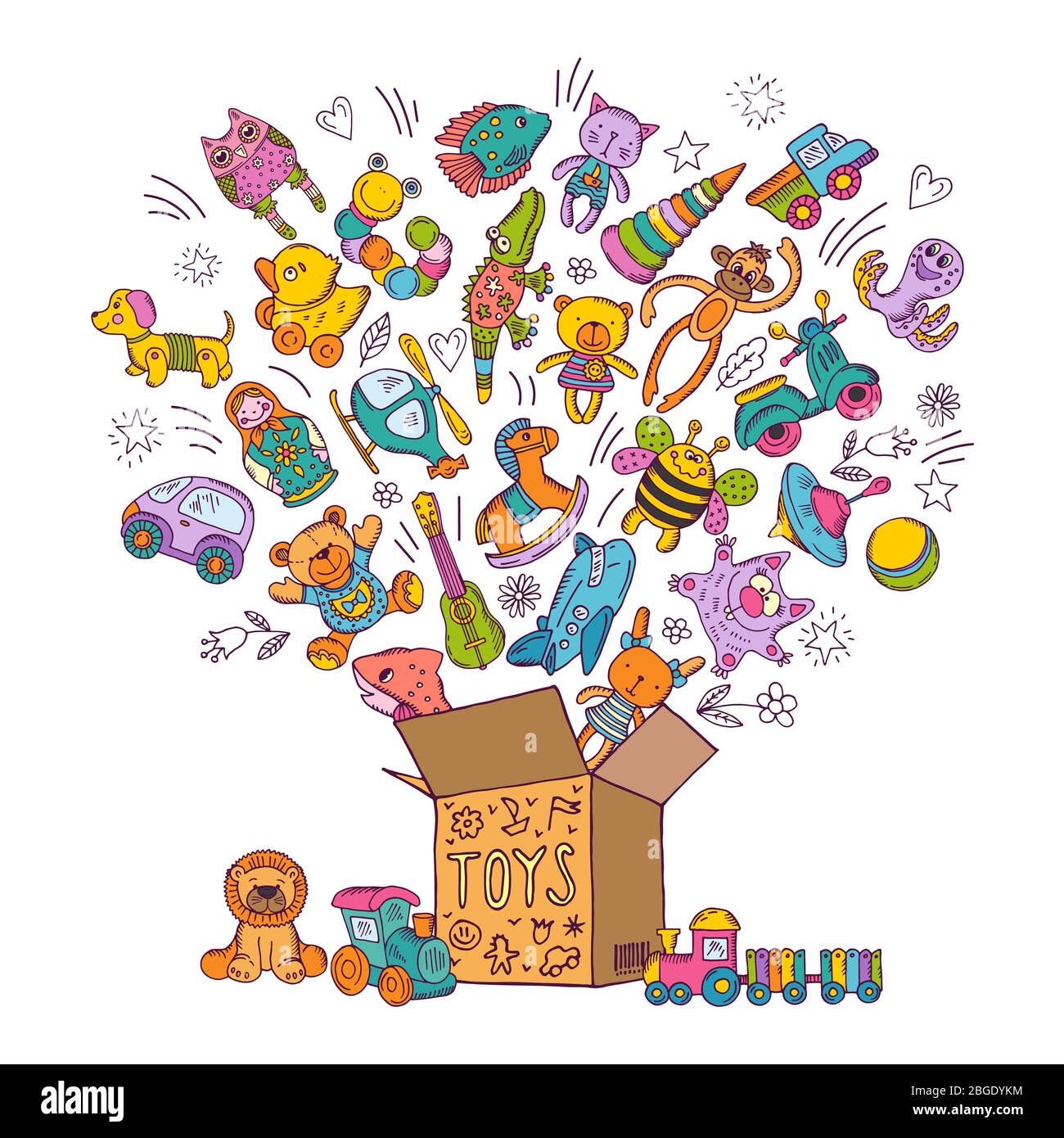 Kinderbox für Spielzeug. Doodle Bilder Vektor-Illustration Stock Vektor