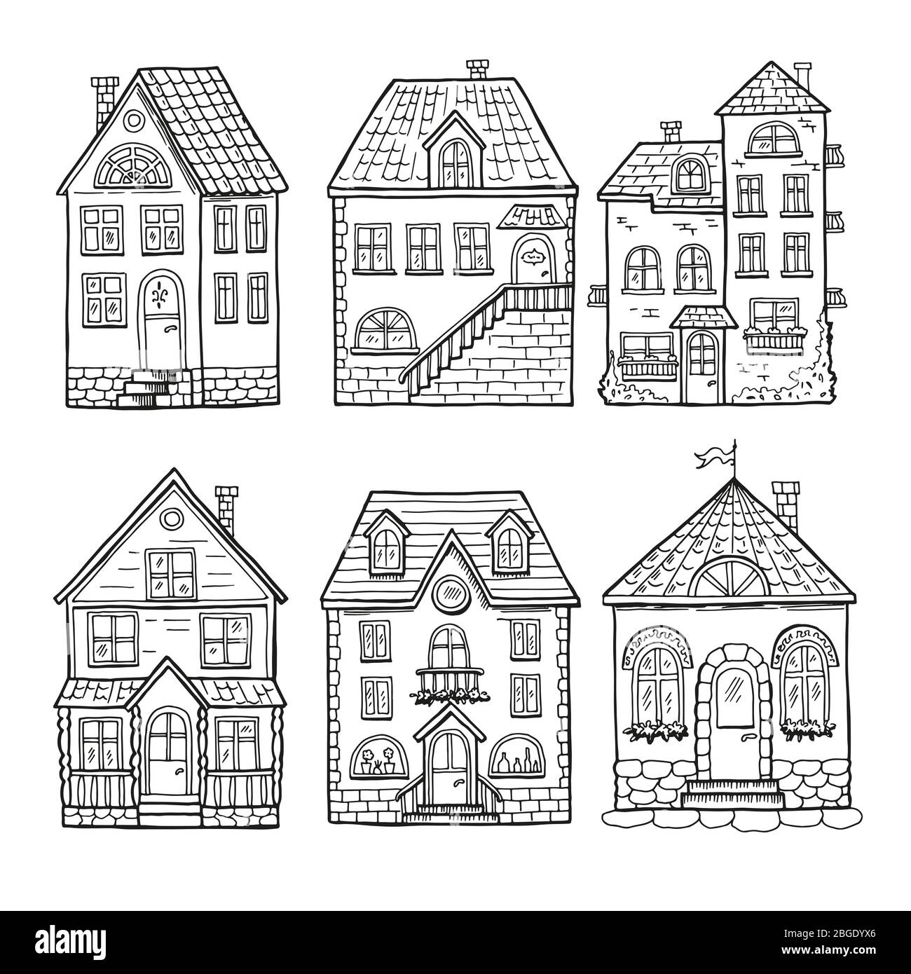 Niedliche kleine Häuser und verschiedene Dächer. Doodle Vektor-Illustration von zu Hause Stock Vektor