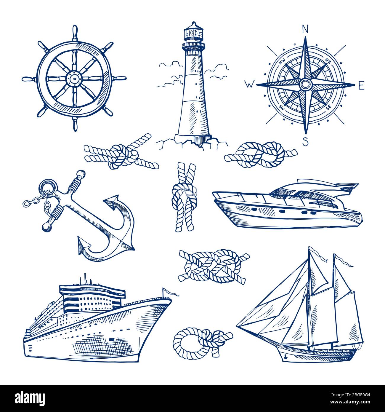 Marine Doodles Set mit Schiffen, Booten und nautischen Ankern. Vektorgrafiken im handgezeichneten Stil Stock Vektor