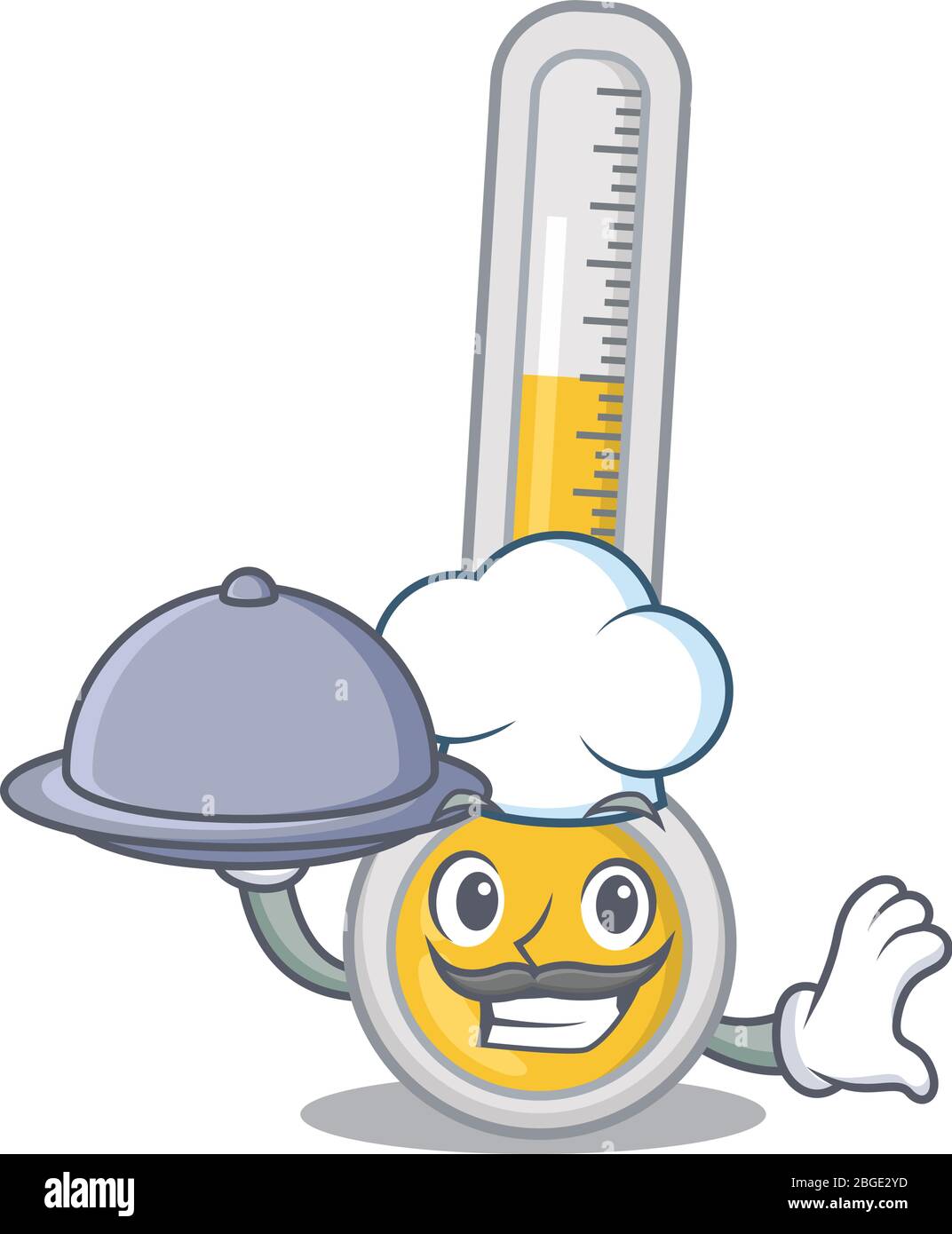 Warmes Thermometer Koch Cartoon Charakter serviert Essen auf