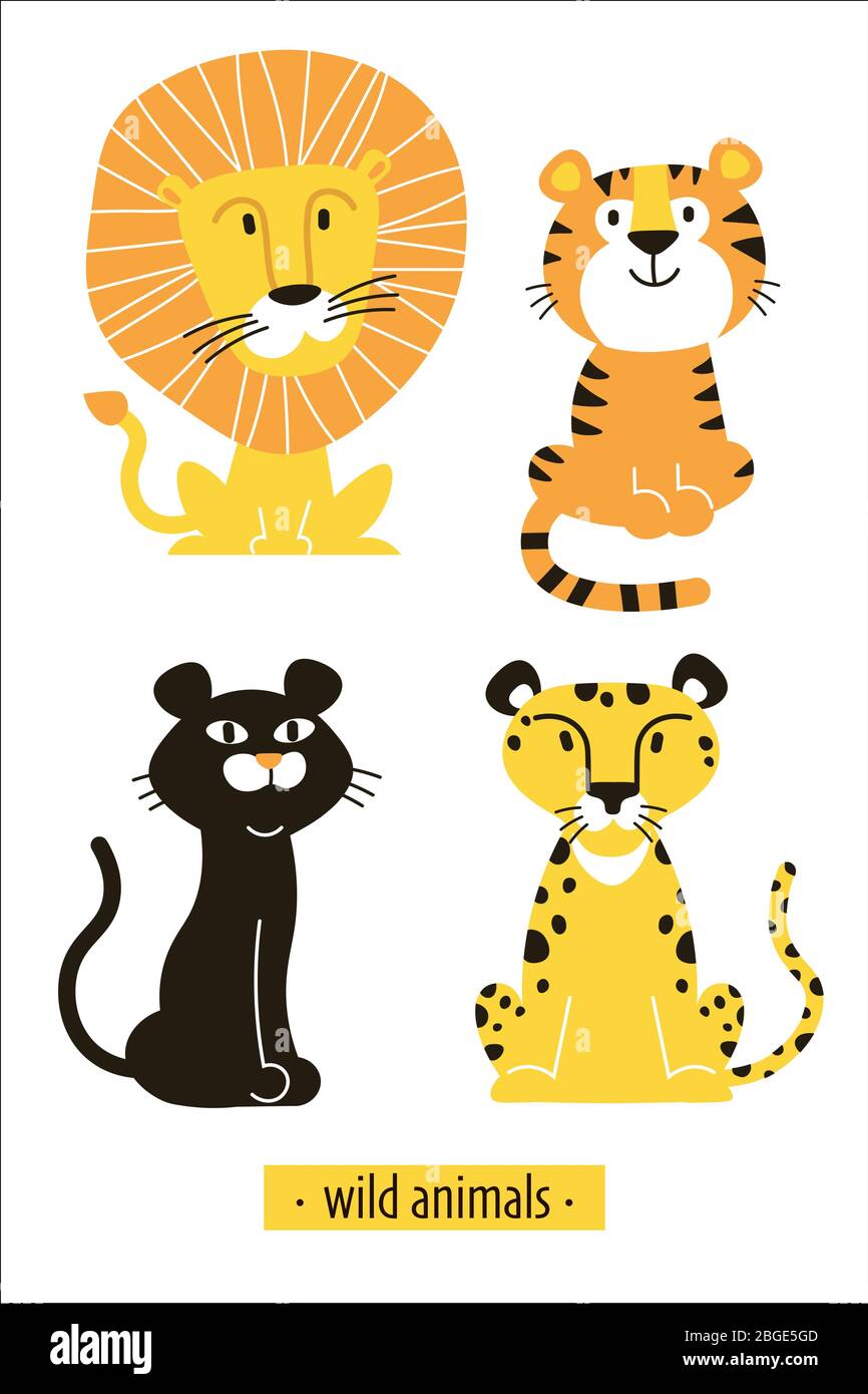 Flache Illustration mit einer wilden afrikanischen Katzen. Niedlicher Löwe, Tiger, Panther, Leopard. Stock Vektor