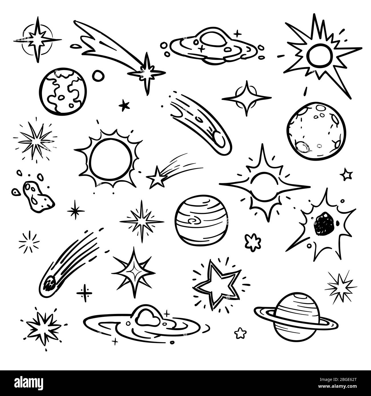 Vektorelemente im Raum Doodle. Handgezeichnete Sterne, Kometen, Planeten und Mond am Himmel. Astronomie und Planet, Weltraum und Wissenschaft Illustration Stock Vektor