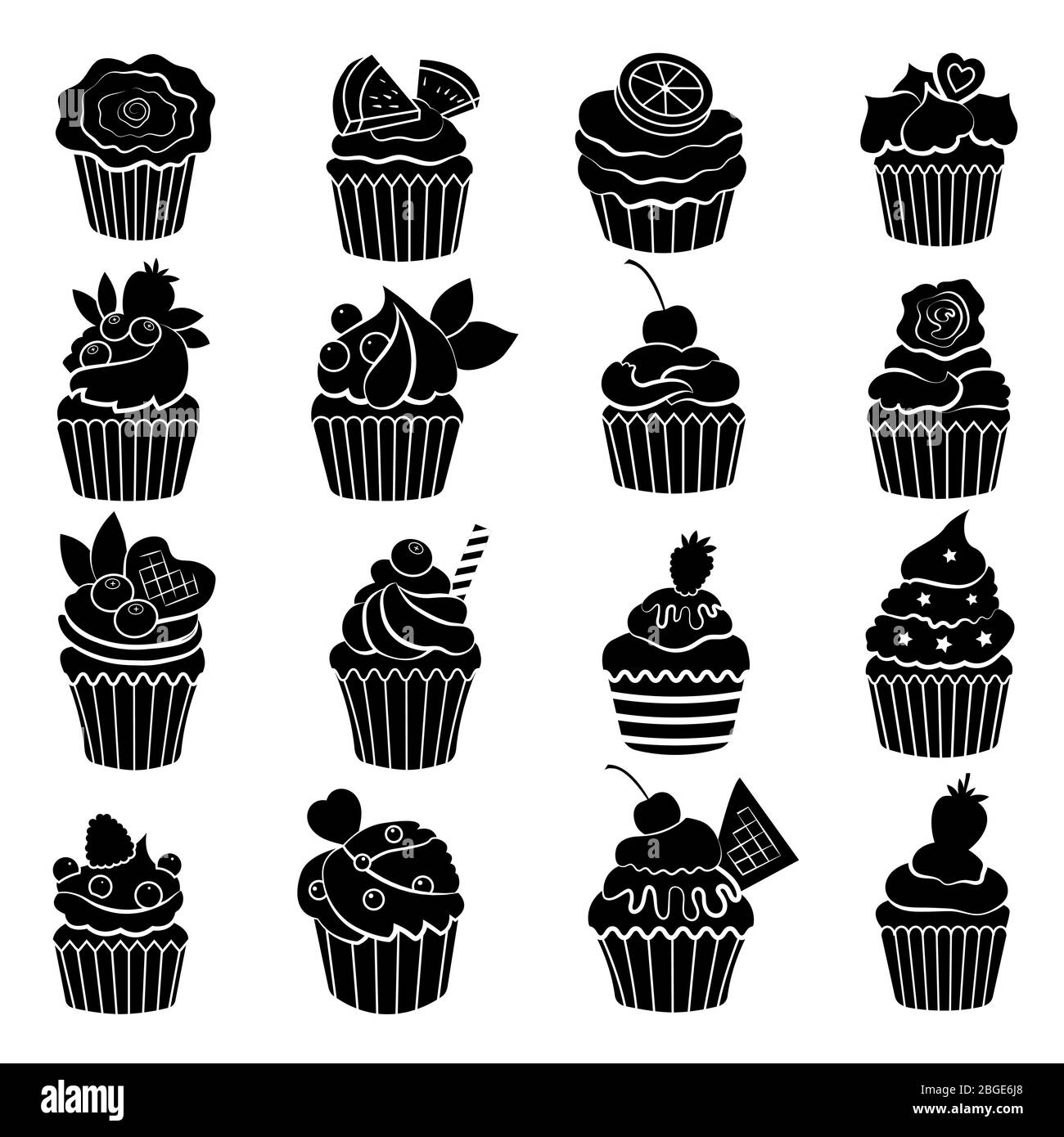 Große monochrome Set von verschiedenen Cupcakes und Muffins. Schwarze Vektorgrafiken Stock Vektor