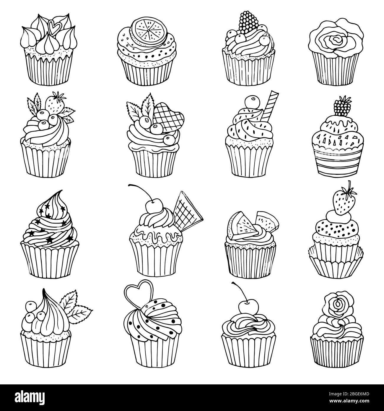 Doodle Set von Cupcakes. Handgezeichnete Vektorgrafiken isolieren sich auf Weiß Stock Vektor