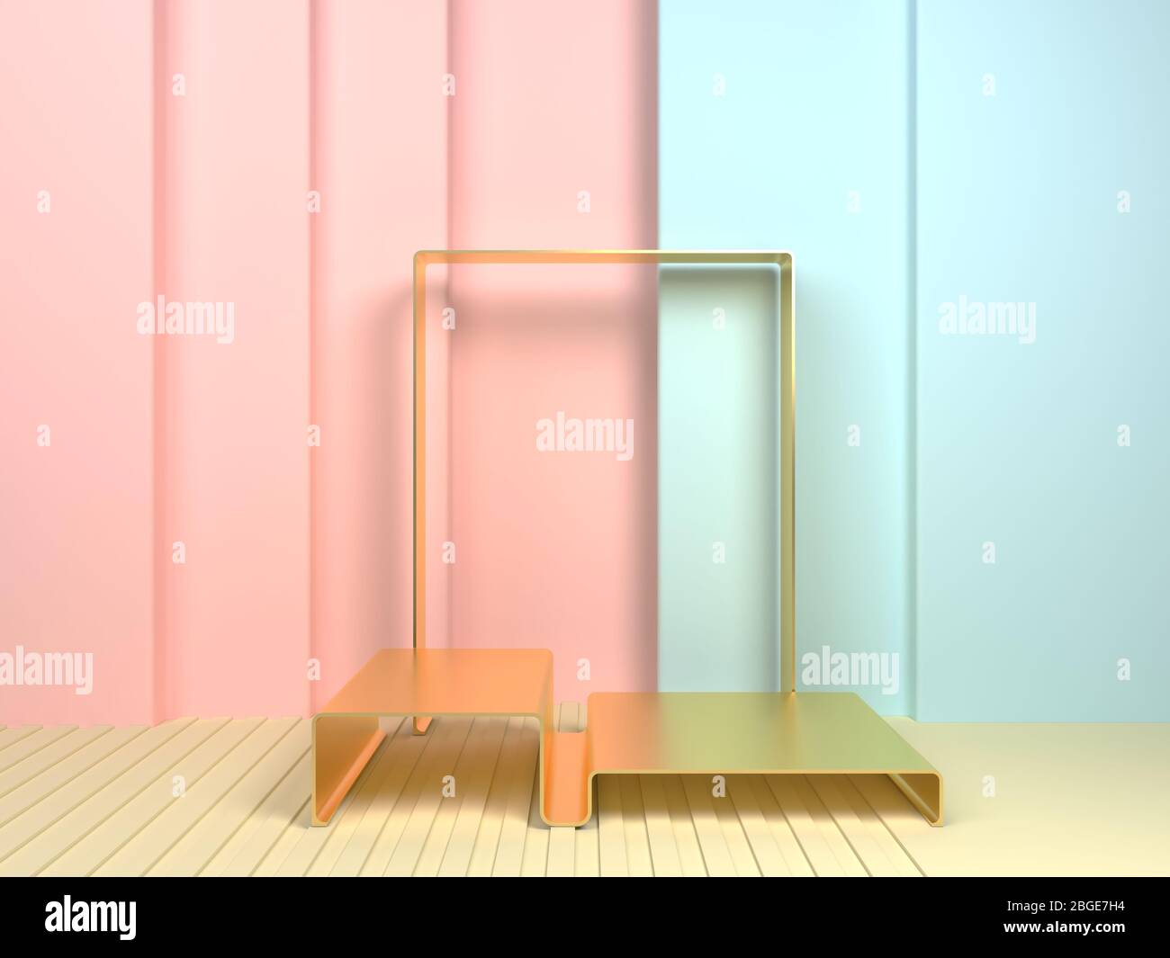 Szene mit geometrischen Formen, flexible Formen in Pastellfarben, 3D-Rendering. Stockfoto