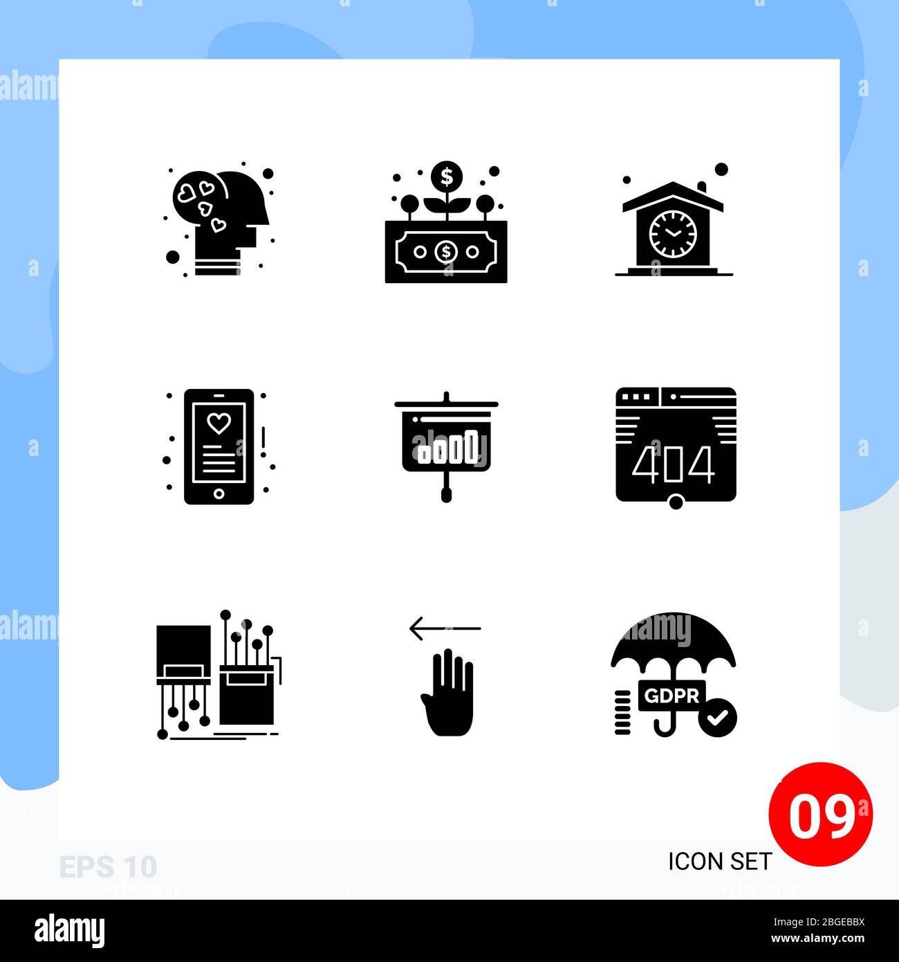 9 Universelle feste Glyphen Set für Web- und Mobile-Anwendungen Diagramm, Liebe, Zuhause, Herz, Design editierbare Vektor-Design-Elemente Stock Vektor