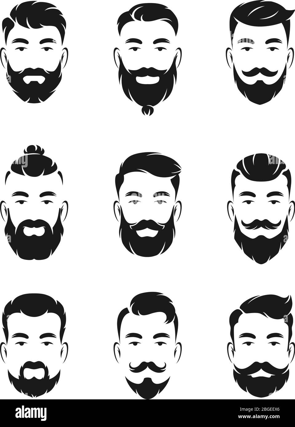 Monochrome Avatarsysteme aus Hipster-Porträts und Gesichtselementen. Mann Schnurrbart, Bart Stock Vektor