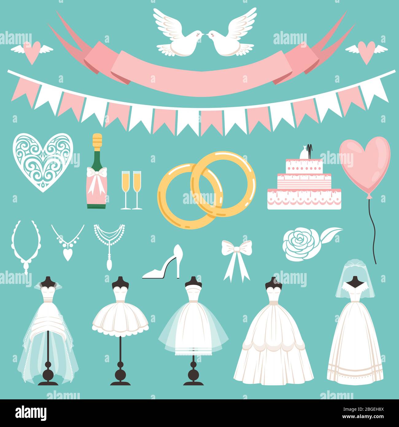 Hochzeit Symbole im Cartoon-Stil. Kuchen, Blumen, Ringe und andere Elemente Stock Vektor