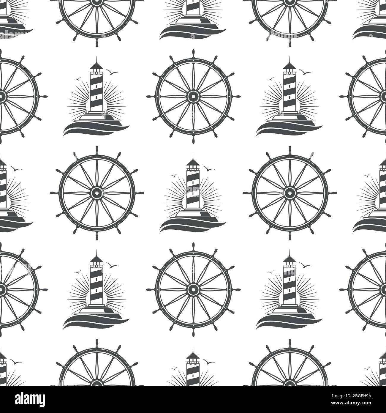 Marine nautische nahtlose Muster Hintergrund-Design mit Vintage Leuchtturm und Rad. Vektorgrafik Stock Vektor