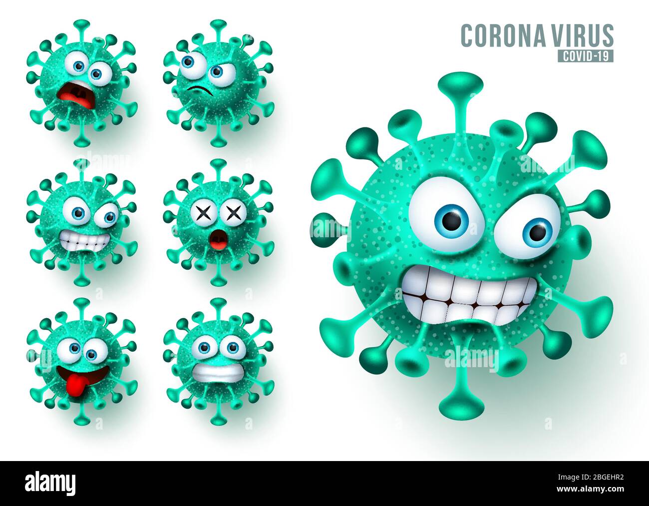 Coronavirus ncov Emoji-Vektorsatz. Novel Corona Virus covid19 Emojis und Emoticons mit erschreckenden und wütend Mimik für globale virale Ausbruch. Stock Vektor