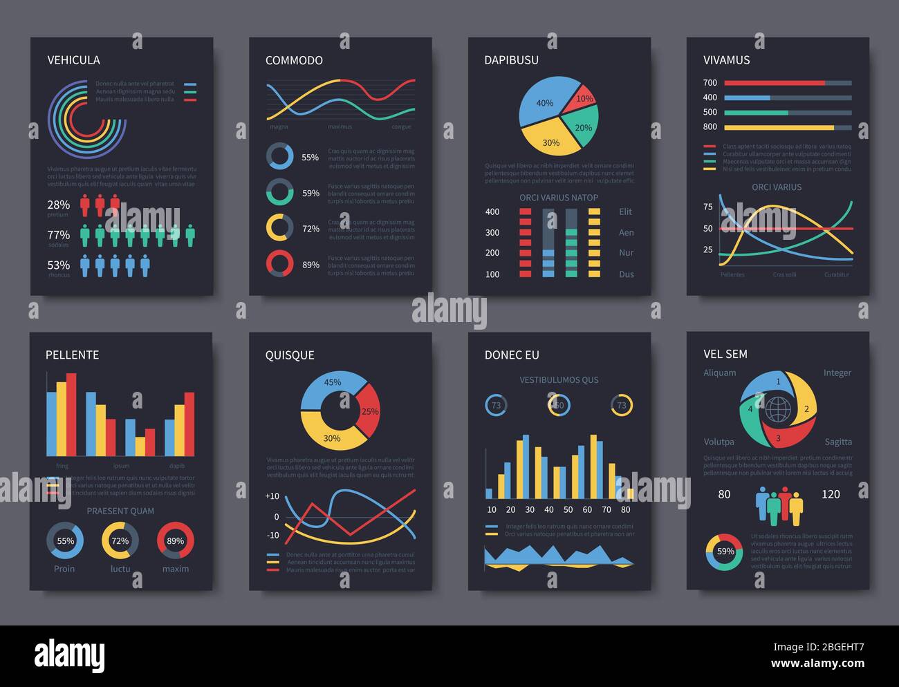Multipurpose Business Infographic Vektor-Broschüre Vorlage für die Präsentation. Diagramme, Diagramme und Infografiken auf dunklen Seiten. Illustration von Infografik Daten, Diagramm Statistik Vektor Stock Vektor