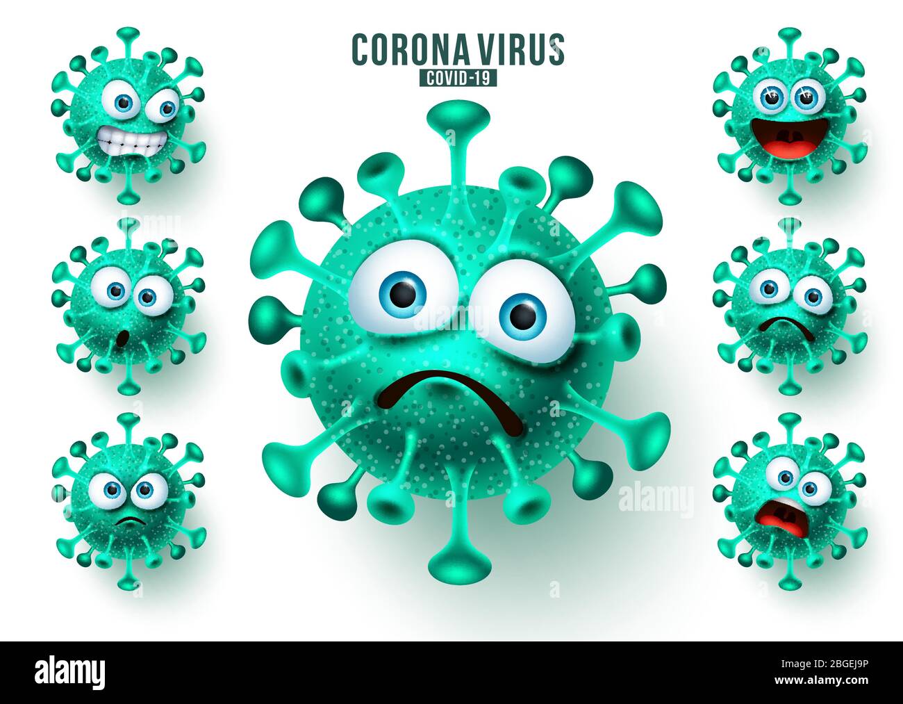 Neuartige Corona-Virus Emoticons Vektor-Set. NCoV covid19 Virus Emojis und Emoticons mit Mimik für globale Virusinfektion. Stock Vektor