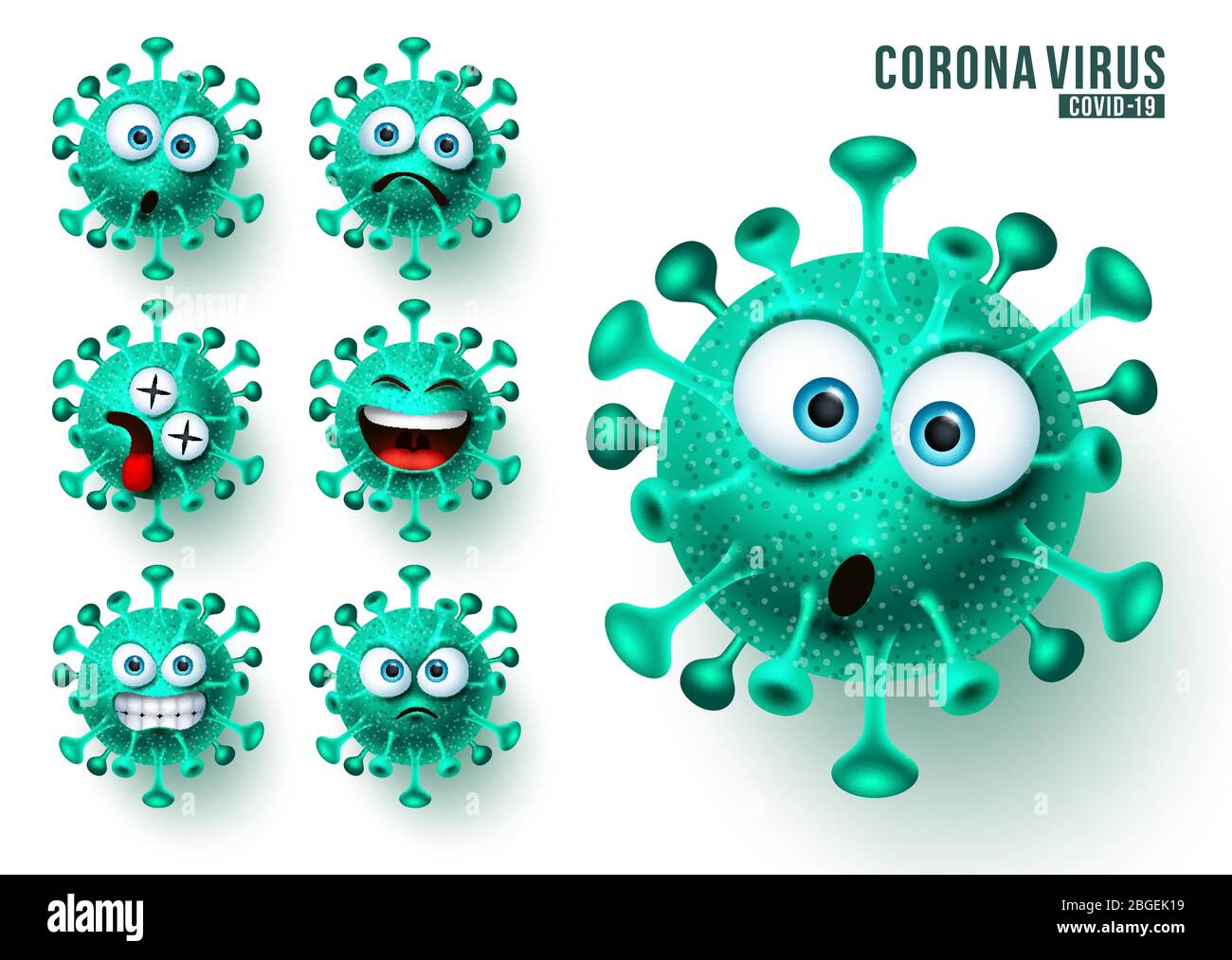 Covid19 ncov Emojis Vektorsatz. Corona Virus covid19 Emojis und Emoticons mit gruseligen und wütenden Gesichtsausdrücken für virale globale Pandemie. Stock Vektor