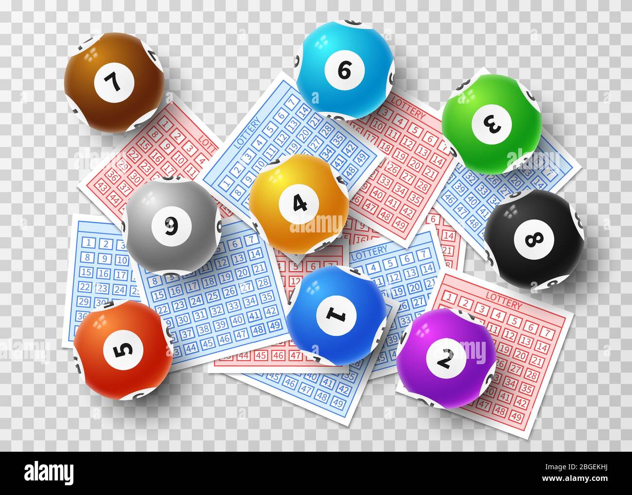 Lotteriebälle und Bingo Glückskarten isoliert auf transparentem Hintergrund. Sport Glücksspiel Vektor-Konzept. Lucky Spiel Bingo und Ticket, Lotterie Lotto Kugel Zahl Ball Illustration Stock Vektor