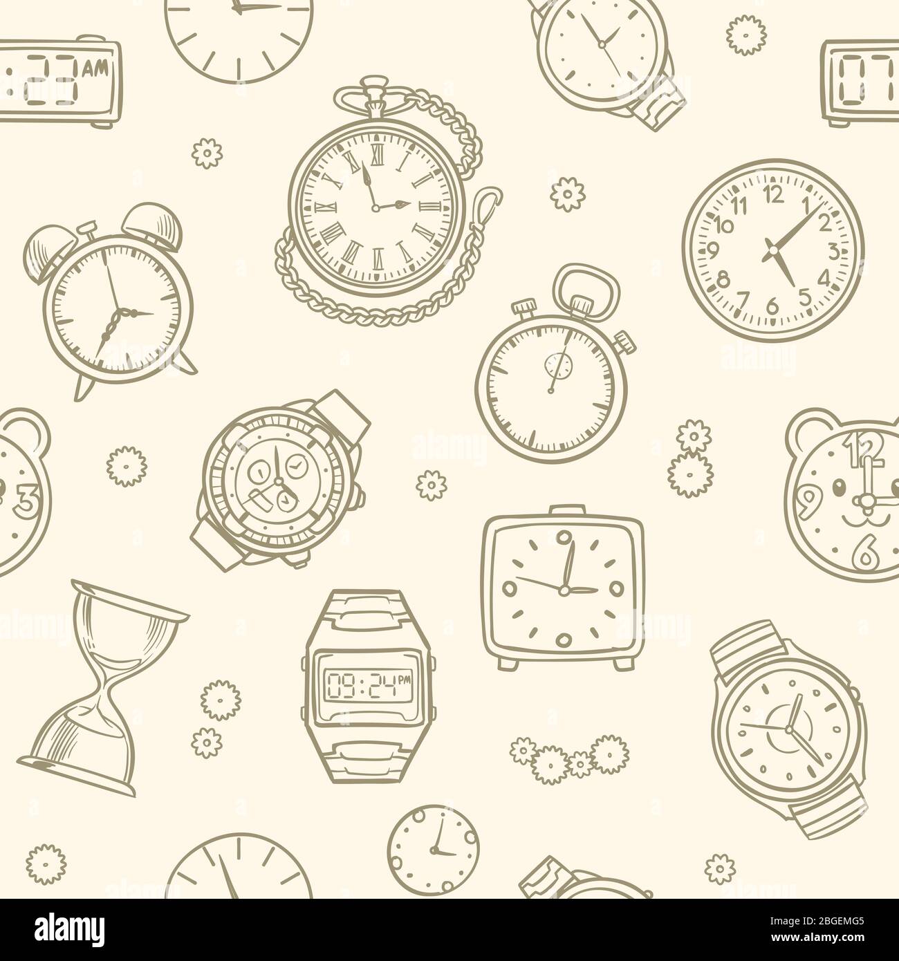 Vintage handgezeichnete Uhren und Uhren. Zeitvektor nahtloses Muster. Illustration der Uhr Zeichnung, Zeit nahtlose Muster Stock Vektor