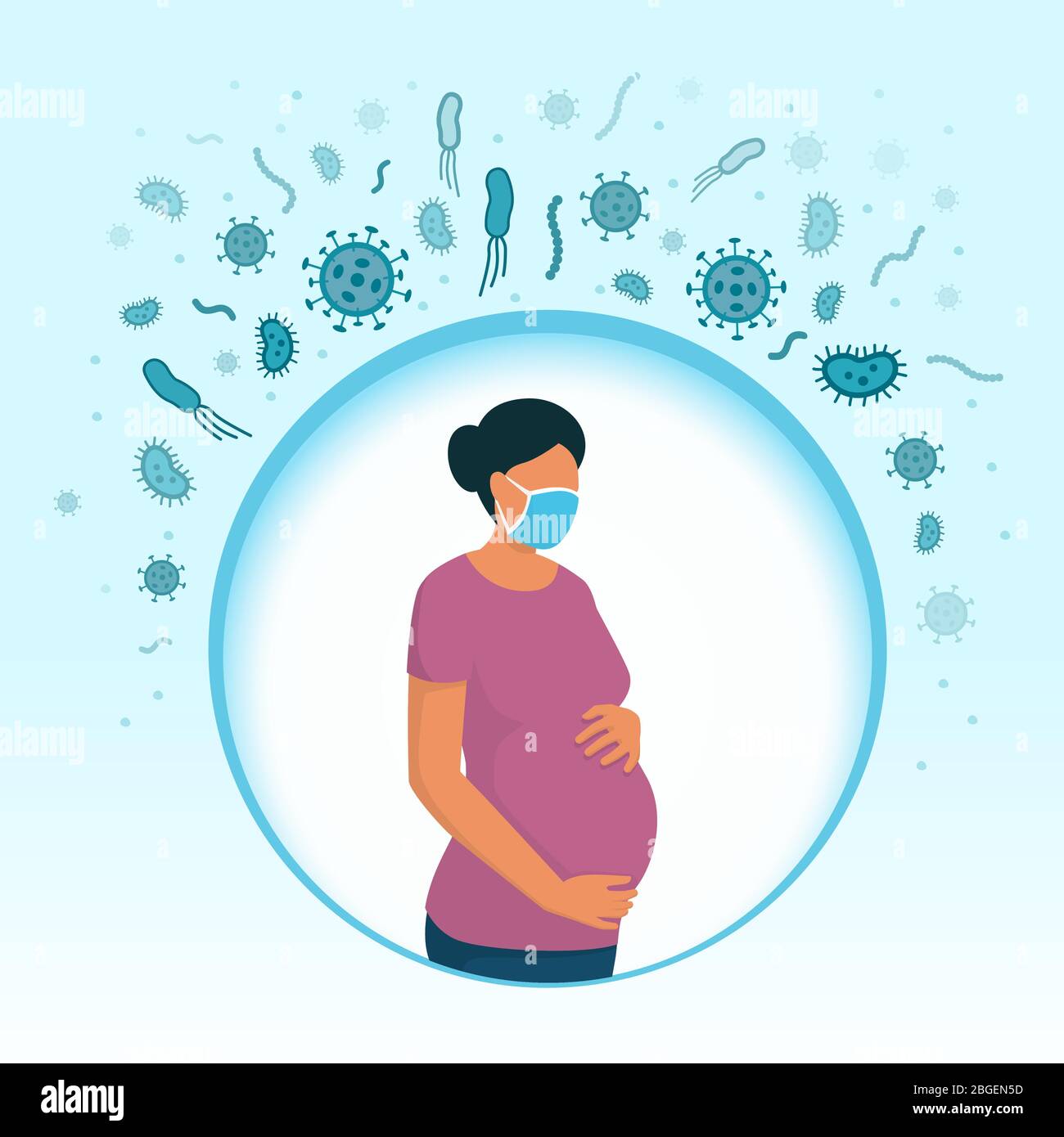 Schwangere Frau mit einer Gesichtsmaske und schützt sich vor Infektionen, Prävention und Immunität Konzept Stock Vektor