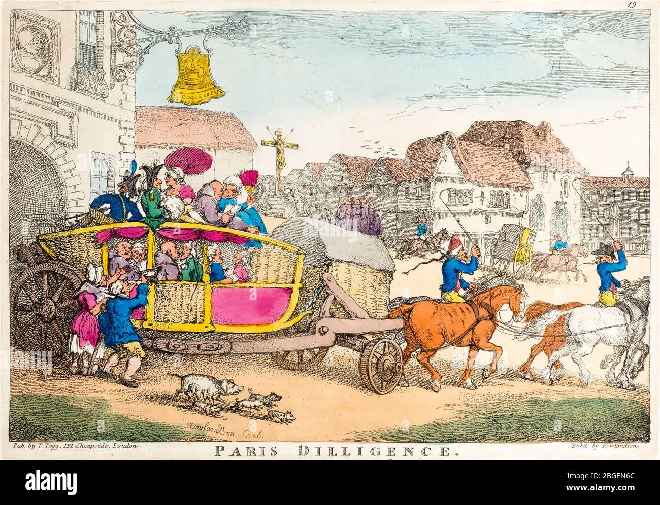 Thomas Rowlandson, Paris Dilligence, (Trainer und Pferde), Radierung, 1810 Stockfoto
