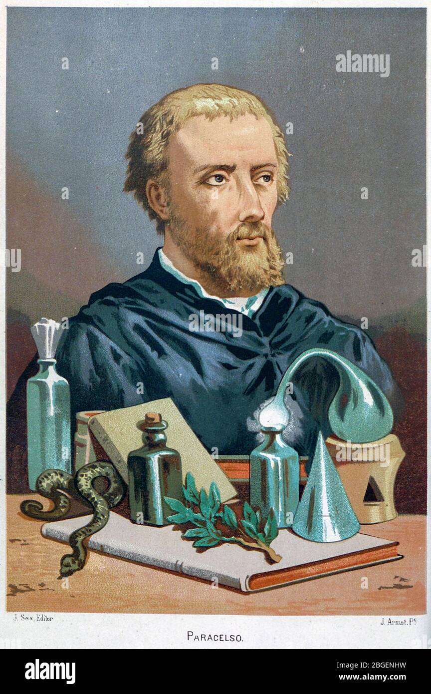 Paracelsus [Paracelso] (1493/1494. – 24. September 1541), geboren Theophrastus von Hohenheim, war Schweizer Arzt, Alchemist, Theologe und Philosoph der deutschen Renaissance. Aus dem Buch La ciencia y sus hombres : vidas de los sabios ilustres desde la antigüedad hasta el siglo XIX T. 2 [Wissenschaft und ihre Männer: Leben der illustren Weisen von der Antike bis zum 19. Jahrhundert Vol 2] von von Figuier, Louis, (1819-1894); Casabó y Pagés, Pelegrín, n. 1831 Veröffentlicht in Barcelona von D. Jaime Seix, Herausgeber, 1879 (Imprenta de Baseda y Giró) Stockfoto