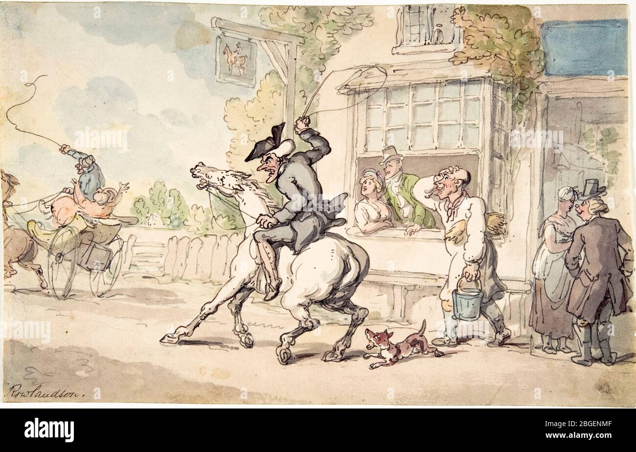 Thomas Rowlandson, Dr. Syntax mit einem Balky Horse vor einem Gasthaus, Zeichnung, vor 1827 Stockfoto