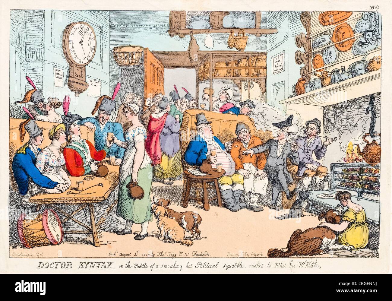 Doctor Syntax in the Middle of a Smoking Hot politische Streitsummel, will seine Pfeife wweet, Radierung von Thomas Rowlandson, 1813 Stockfoto