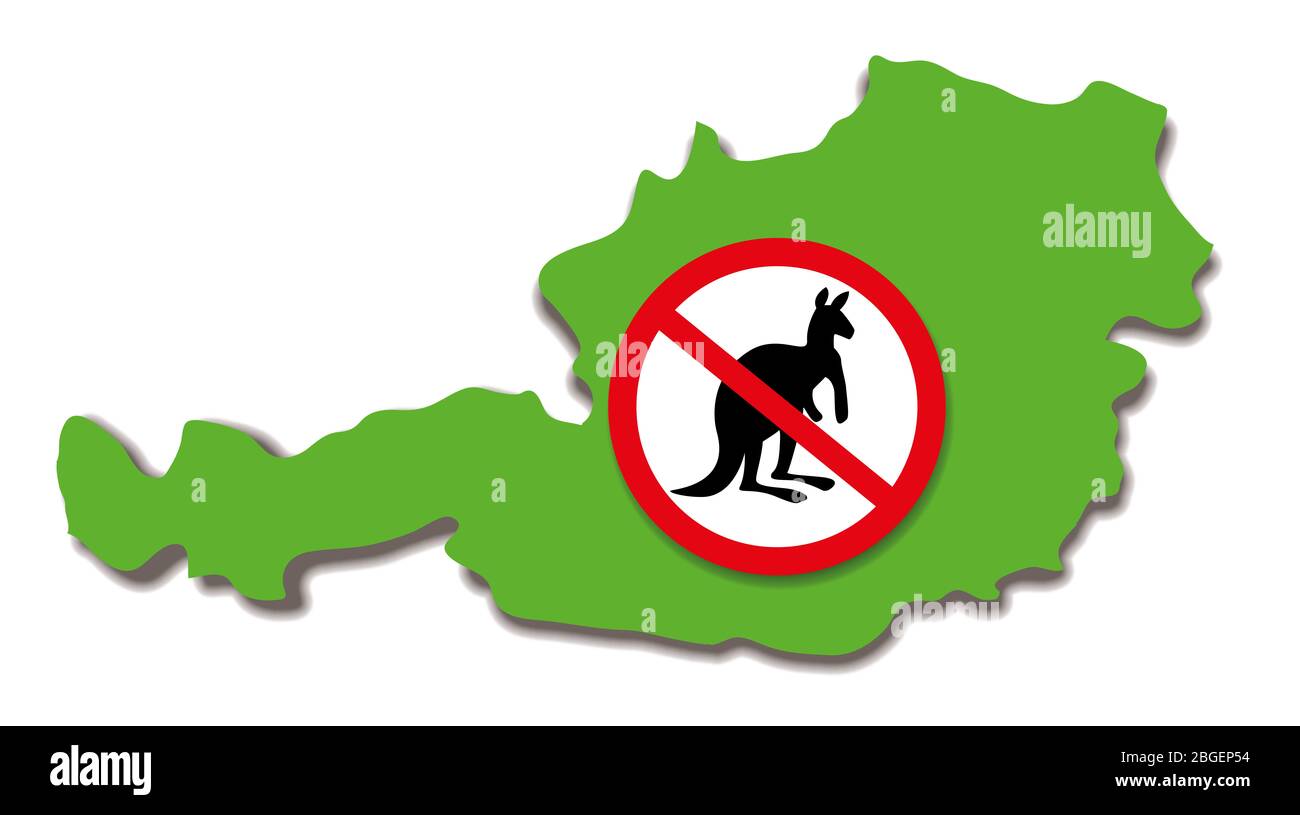 Österreich Karte ohne Känguru Schild. In Österreich gibt es keine Kängurus, aber in Australien - Illustration auf weißem Hintergrund. Stockfoto