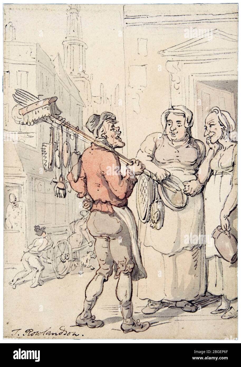 Thomas Rowlandson, Straßenszene: Lieferant von Bürsten, Zeichnung, vor 1827 Stockfoto