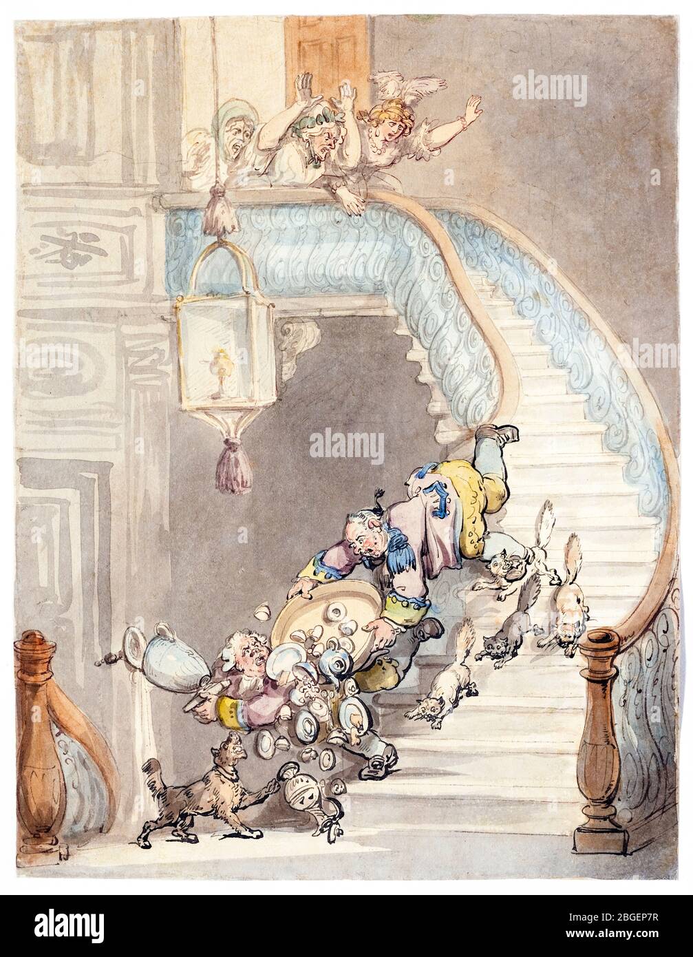 Thomas Rowlandson, die Katz-Astrophie oder Crash to My Grandmother's Old China, Zeichnung um 1800 Stockfoto
